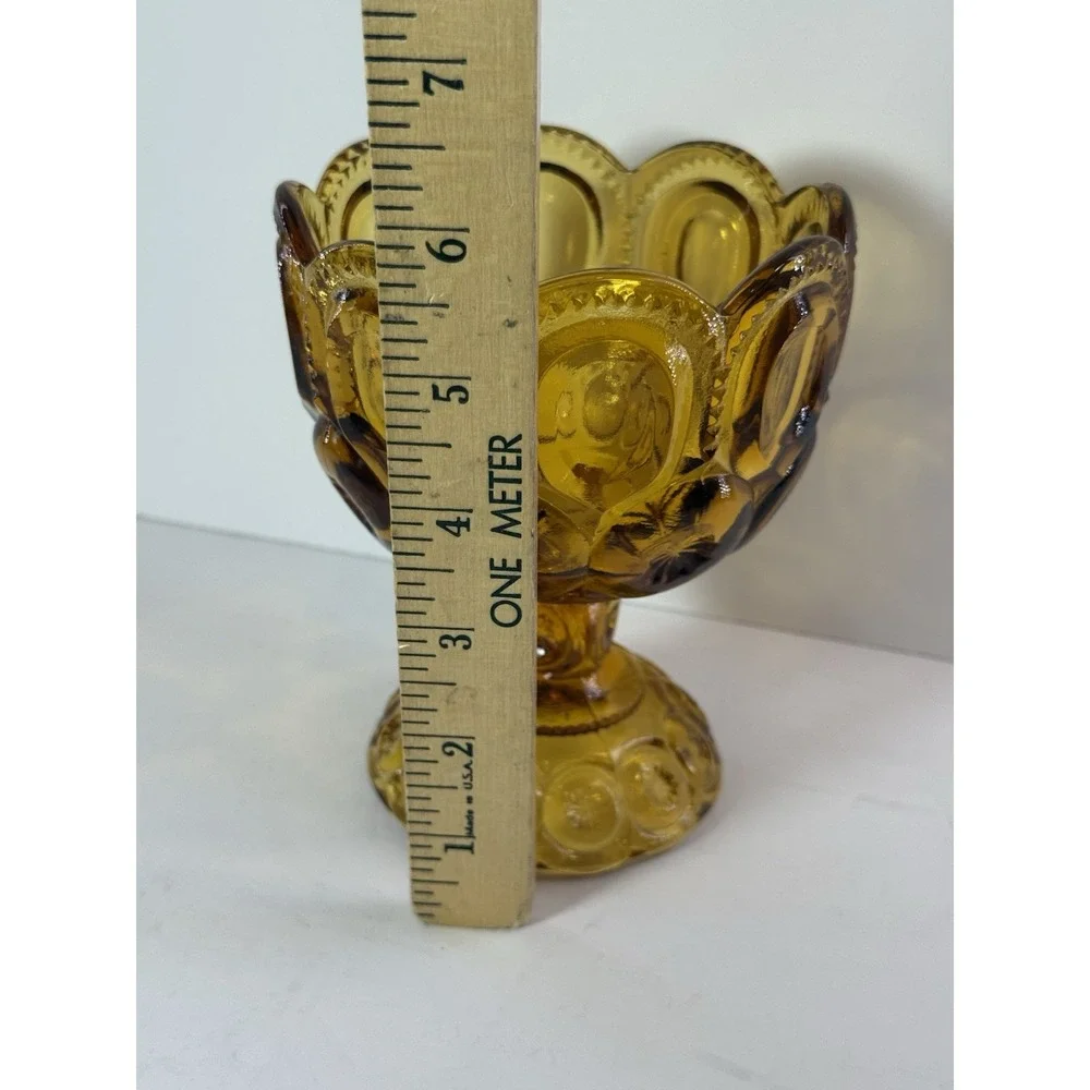 Vintage Amber Glass Moon and Stars Pedestal Candy Compote Scalloped Dish